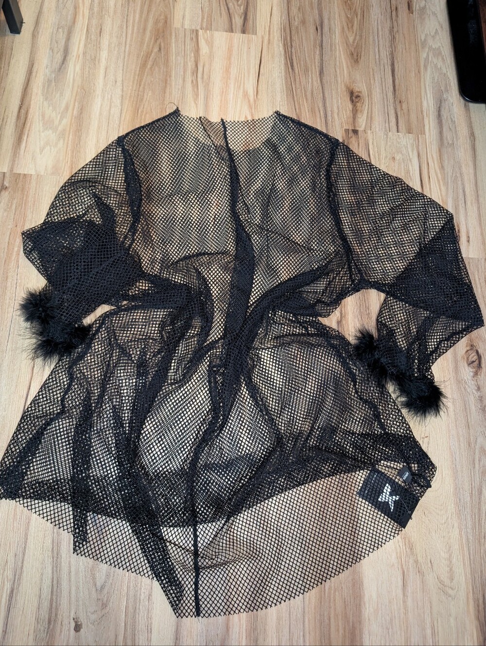 XPlusWear Black Fishnet Festival Cover Up Dress | Feather Sleeve Mesh Layer